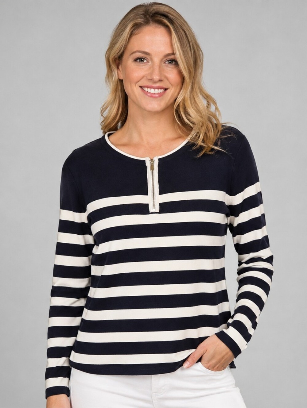 Elie Tahari Striped Quarter-Zip Long Sleeve Knit Top Navy White NWT Size L